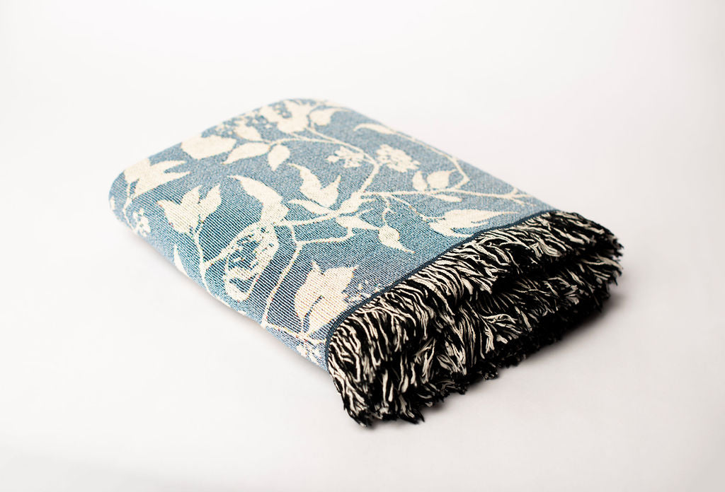 Blue Bird and Botanical Jacquard Woven Throw