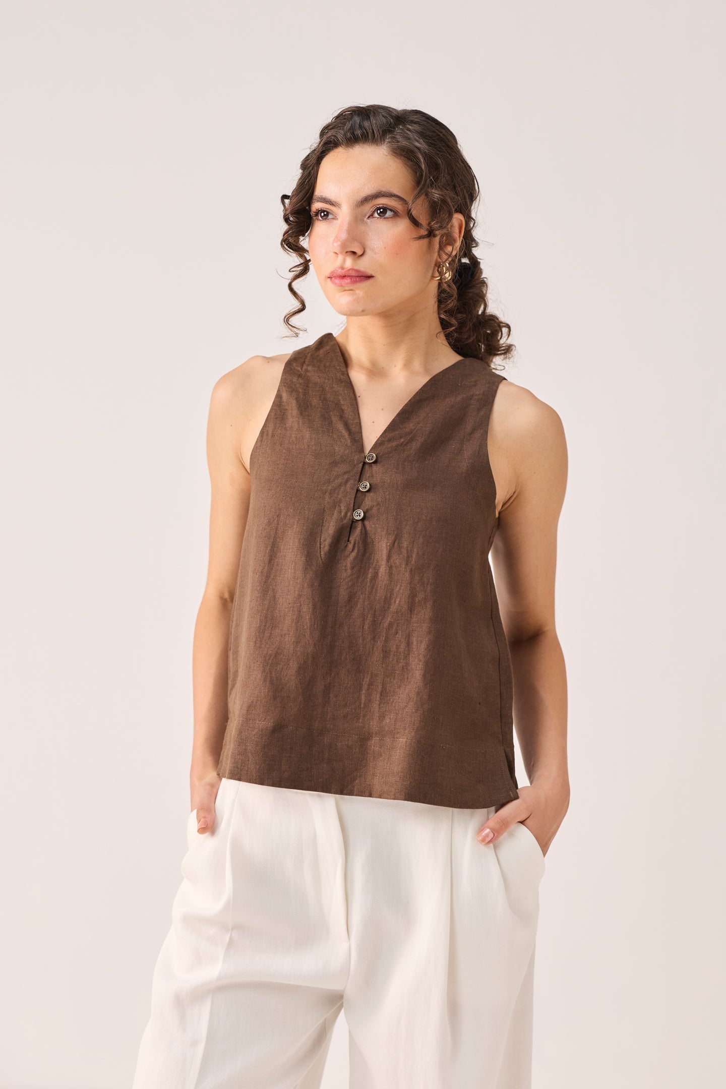 The Button Neck Top in Brown