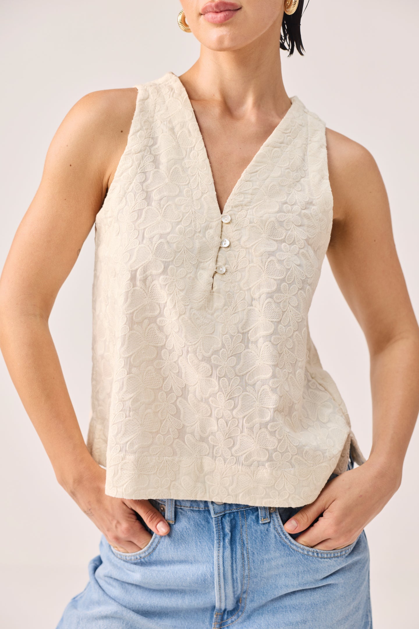 Embroidered Button Front Neck Top in Cream