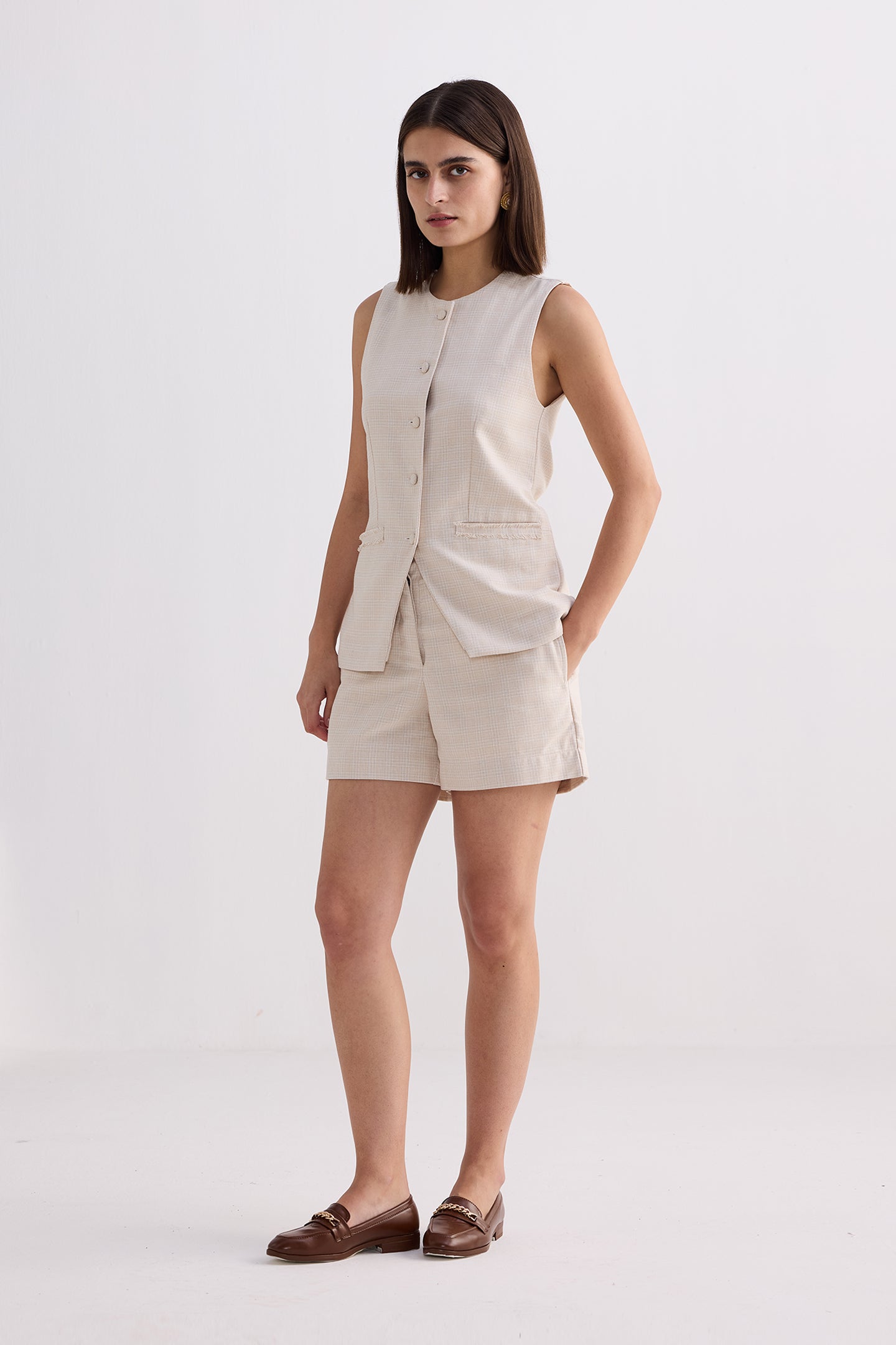 Cotton Tweed Vest Jacket Set in Cream Front
