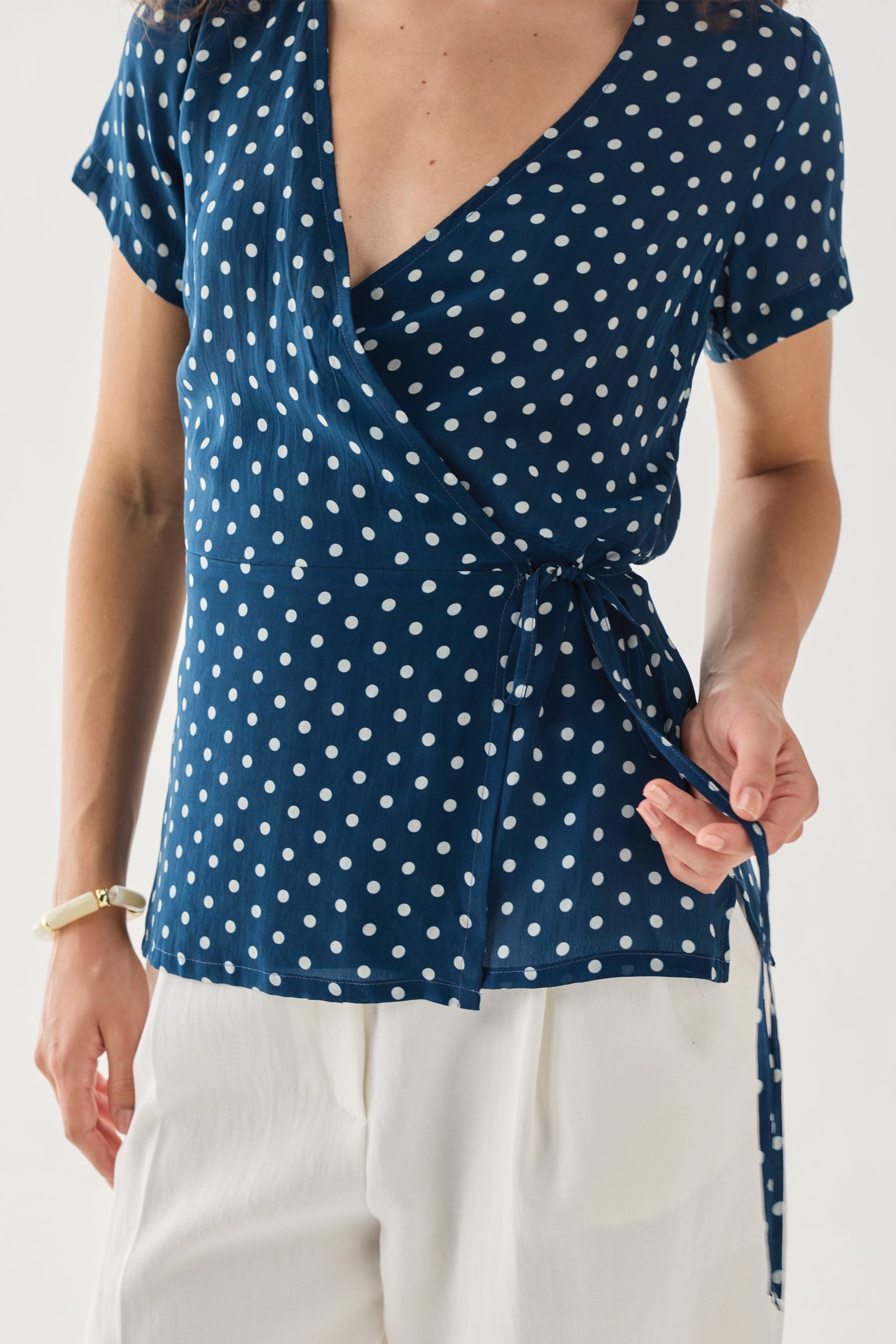 Wrap-Around Top in Navy Blue Polka