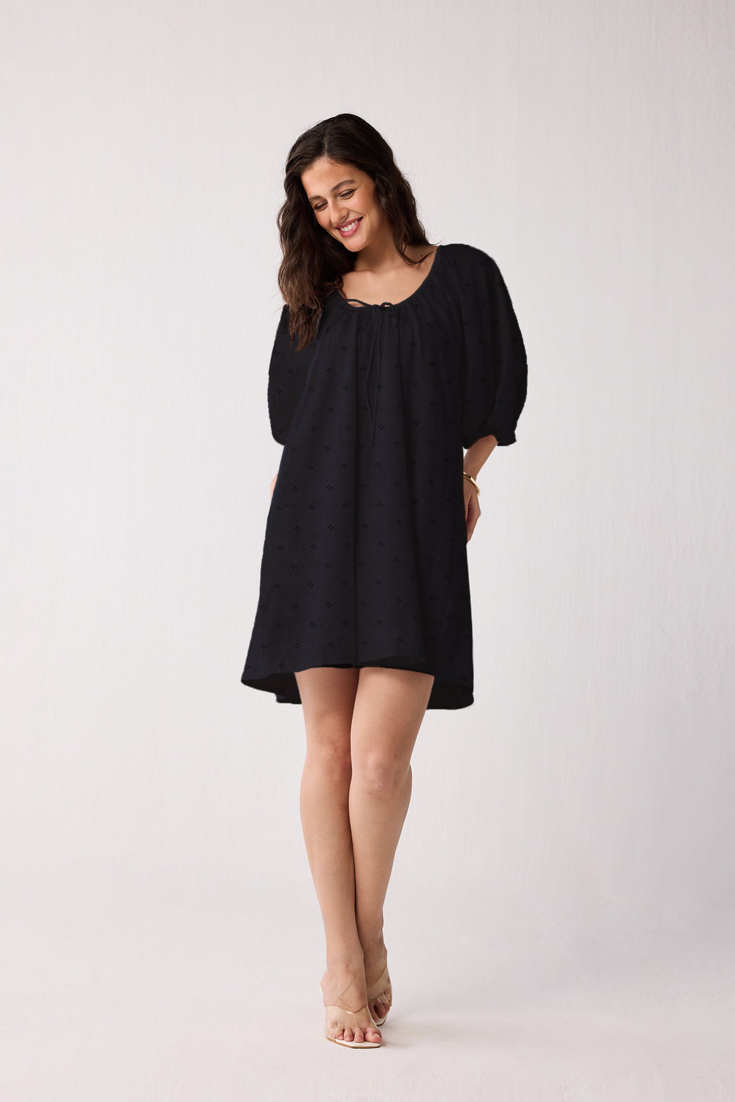 Puff Sleeved Dress with Drawstring Neckline in Black