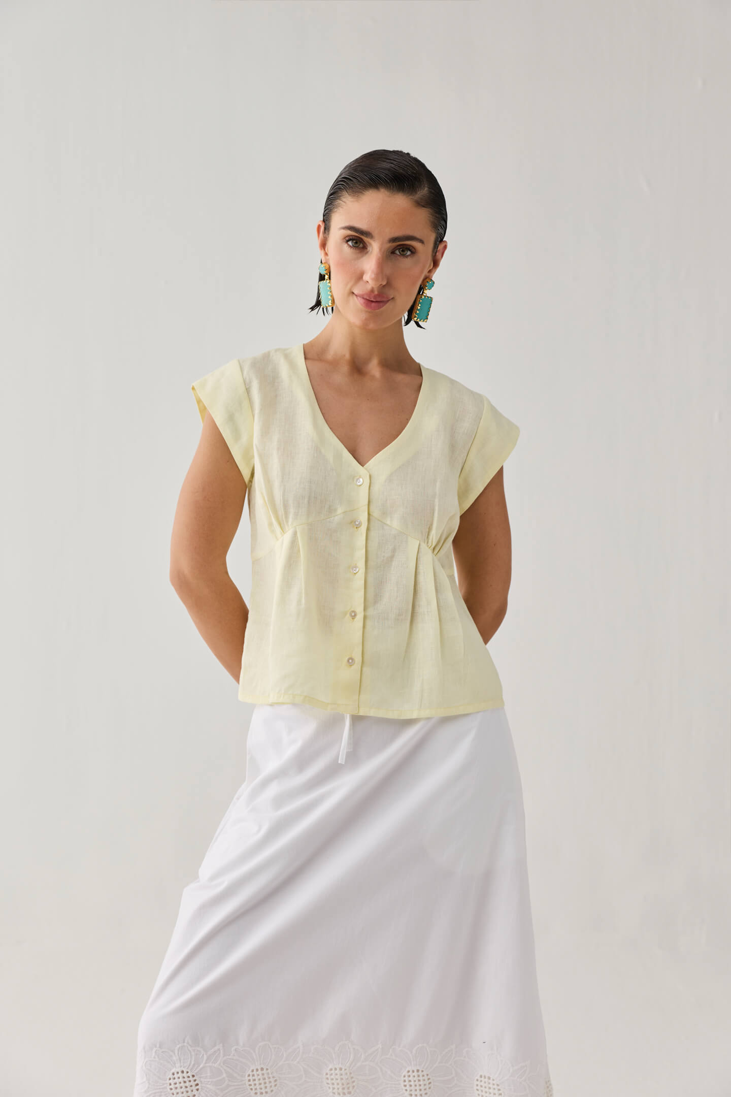 The Deep V Neck Top in Butter Lemon