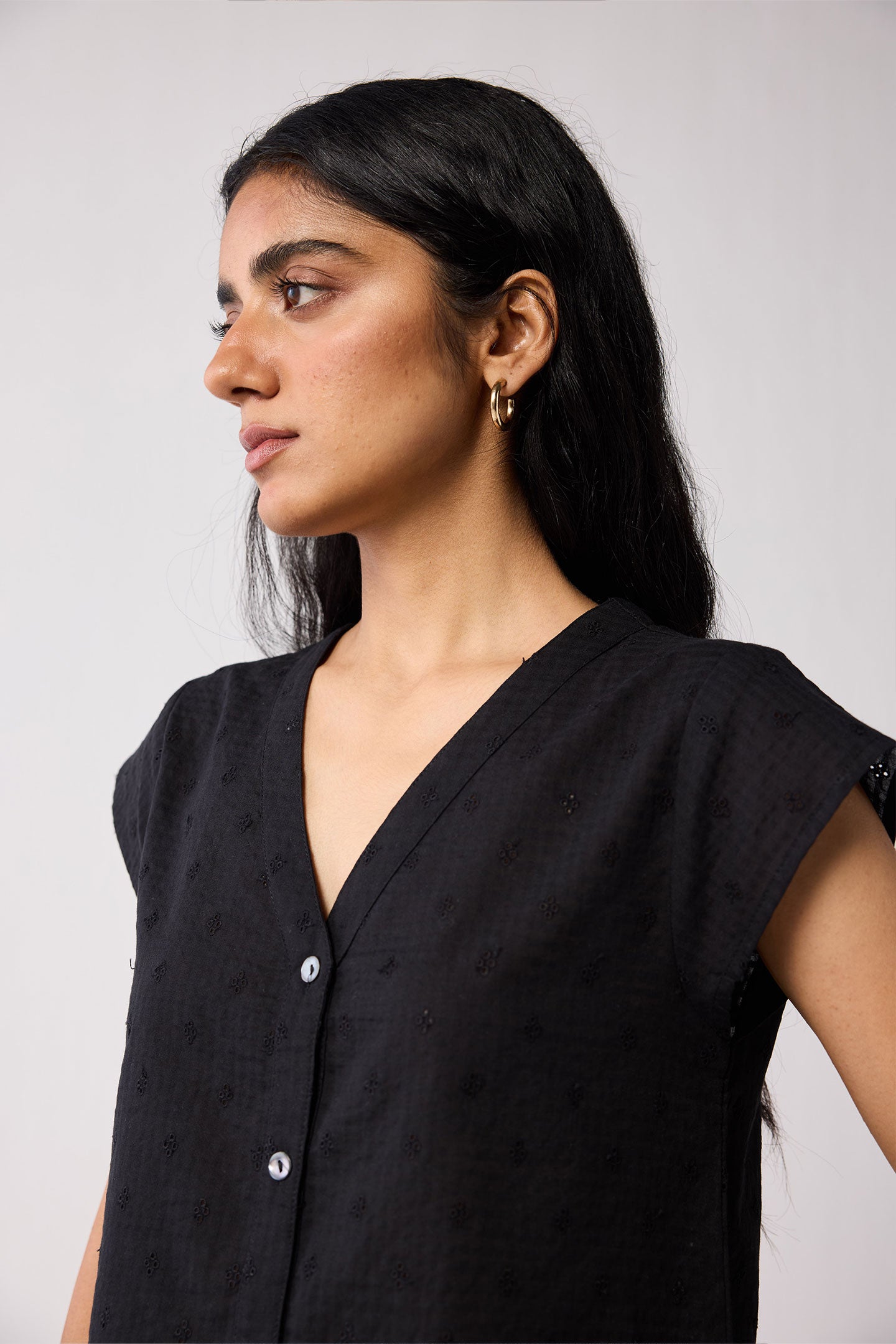 V-Neck Embroidered Top with Front Buttons in Black