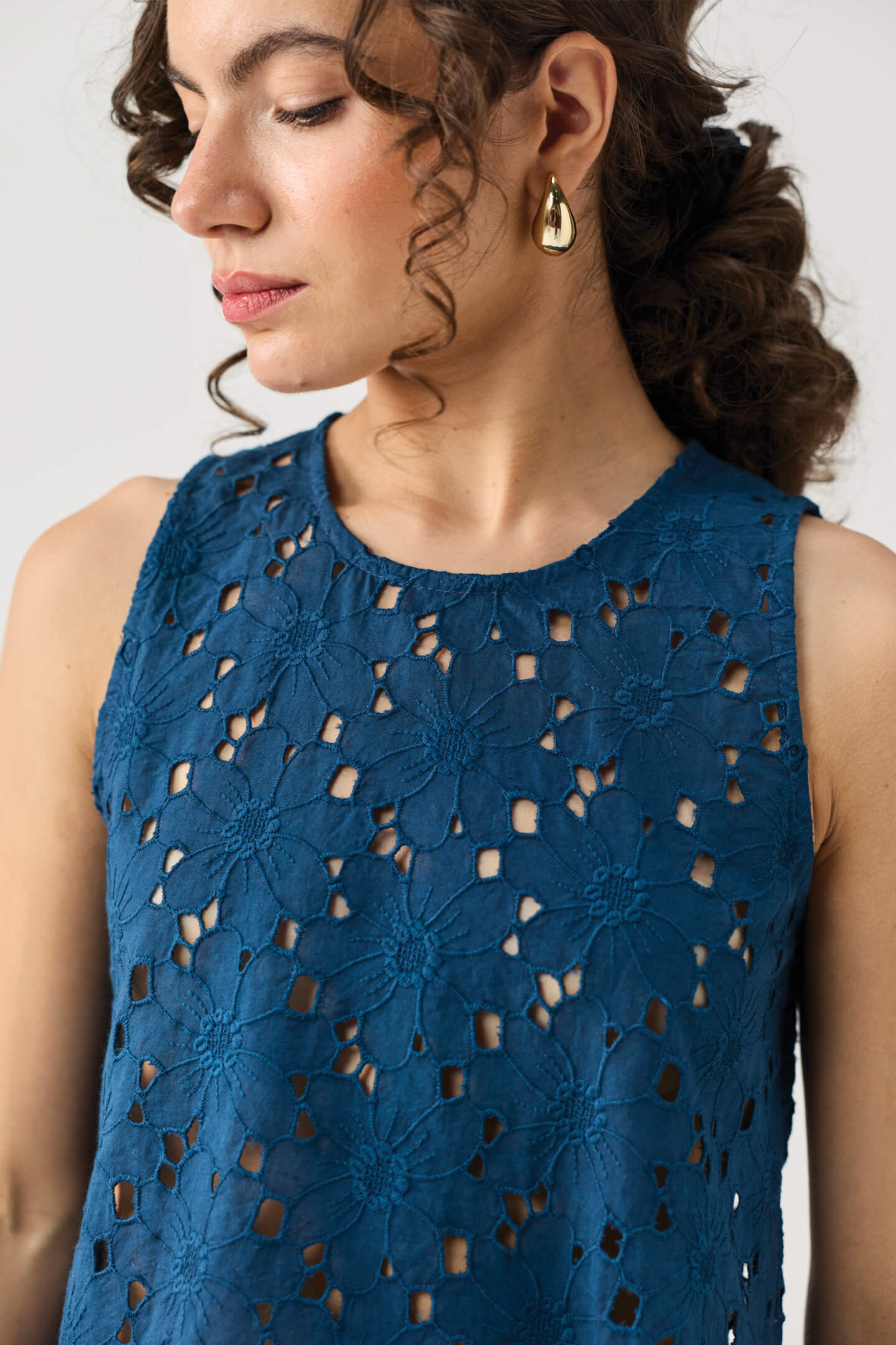 The Embroidered Button Back Top in Blue