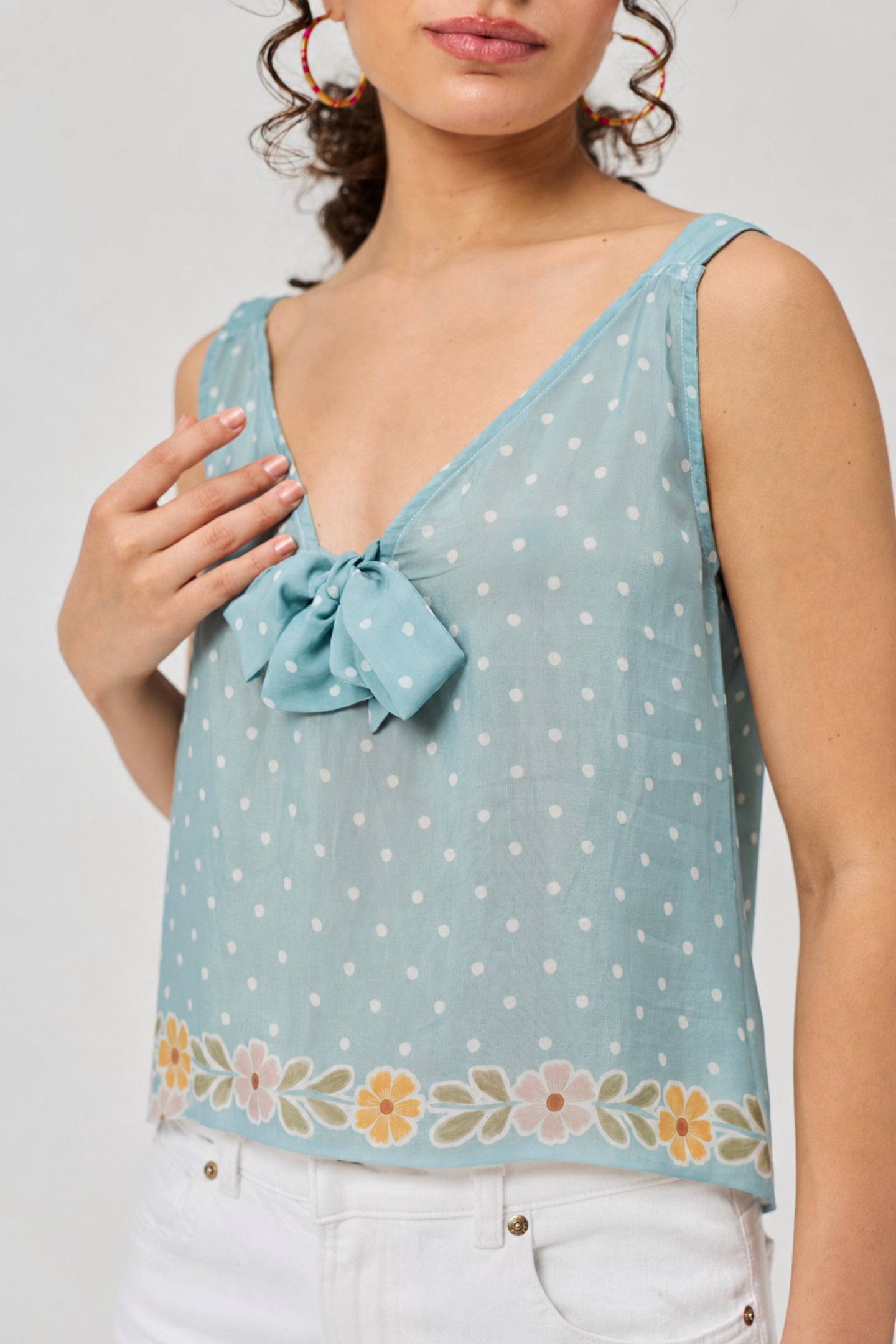 Deep V-Neck Polka Dot Top with Bow Detail
