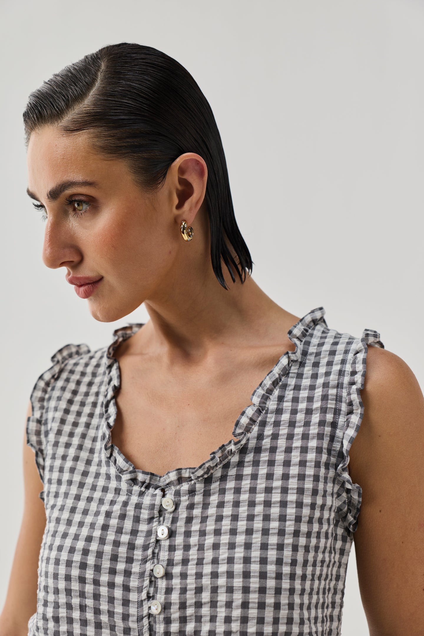 Embroidered Peplum Top in Grey Check