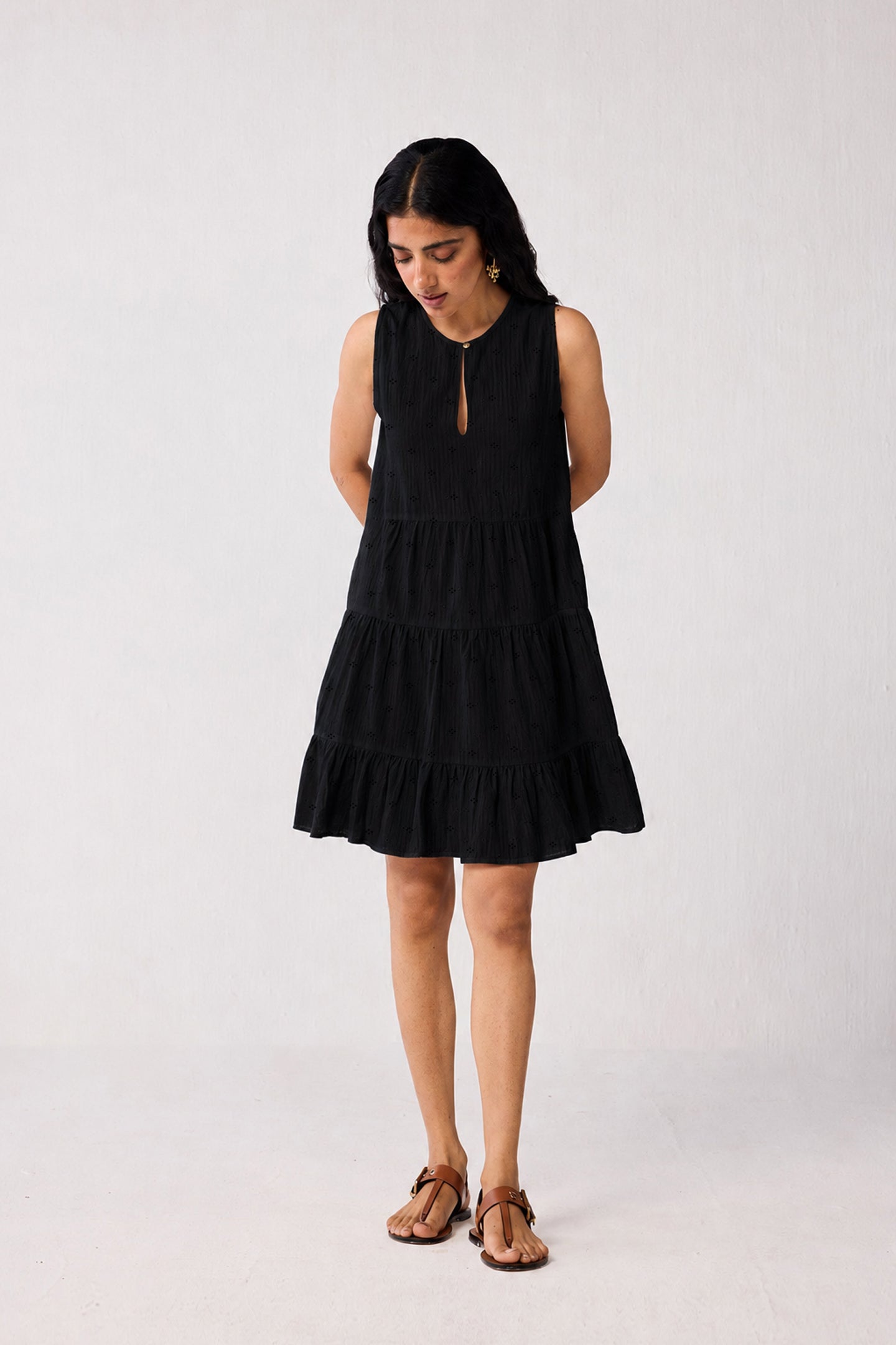 Embroidered Everyday Sleeveless Short Tiered Dress in Black