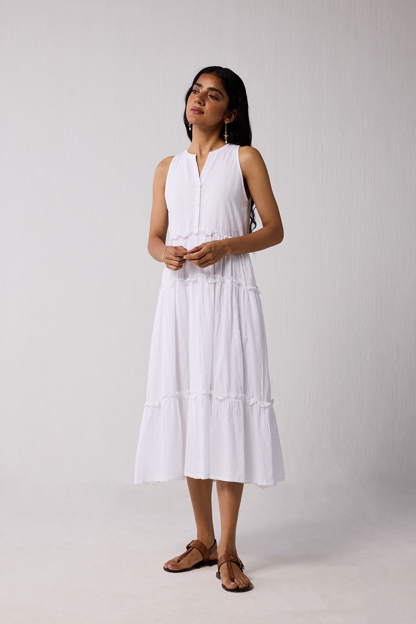 Embroidered Sleeveless Maxi Dress in White