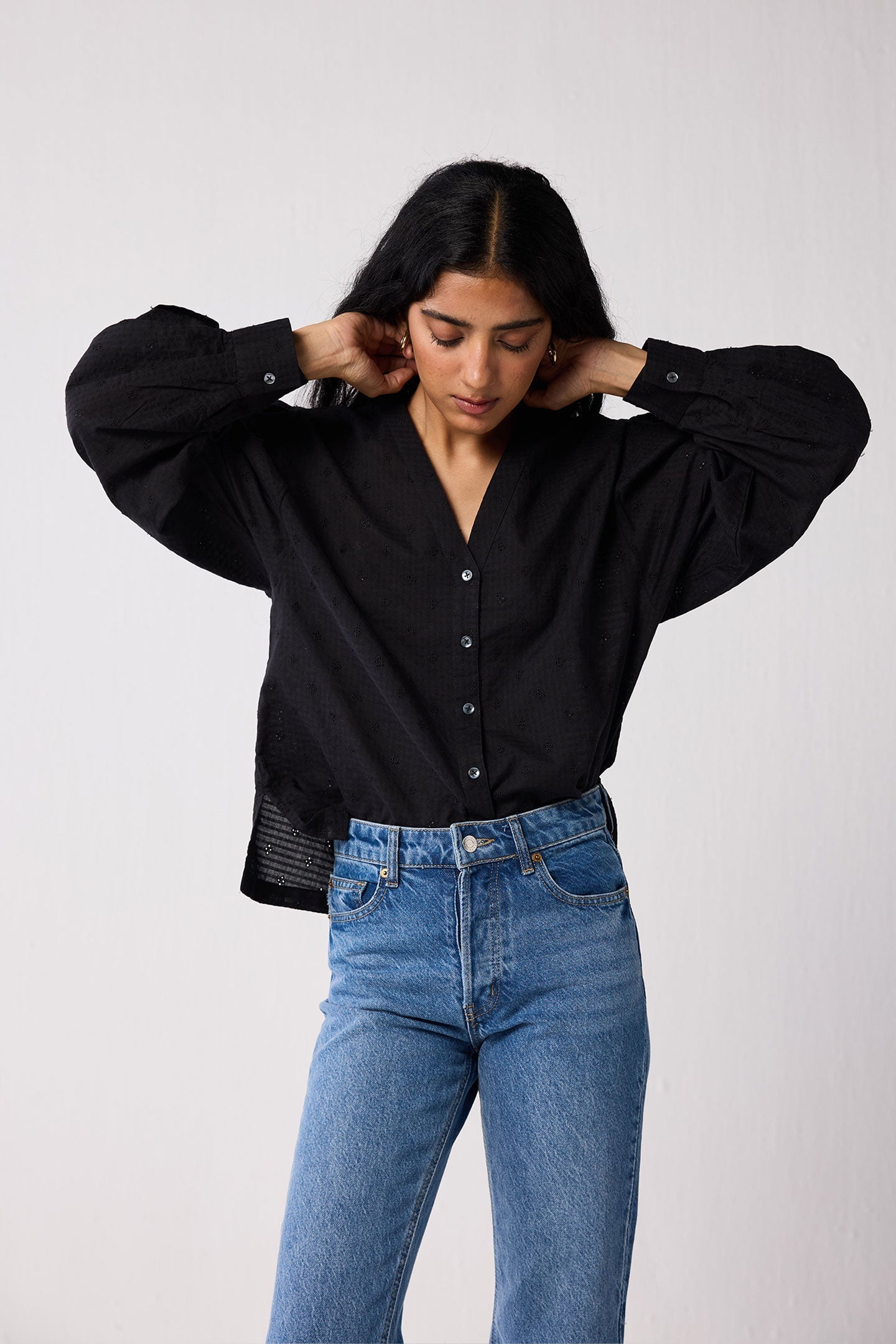 Embroidered Shirt with Long Balloon Sleeves in Black