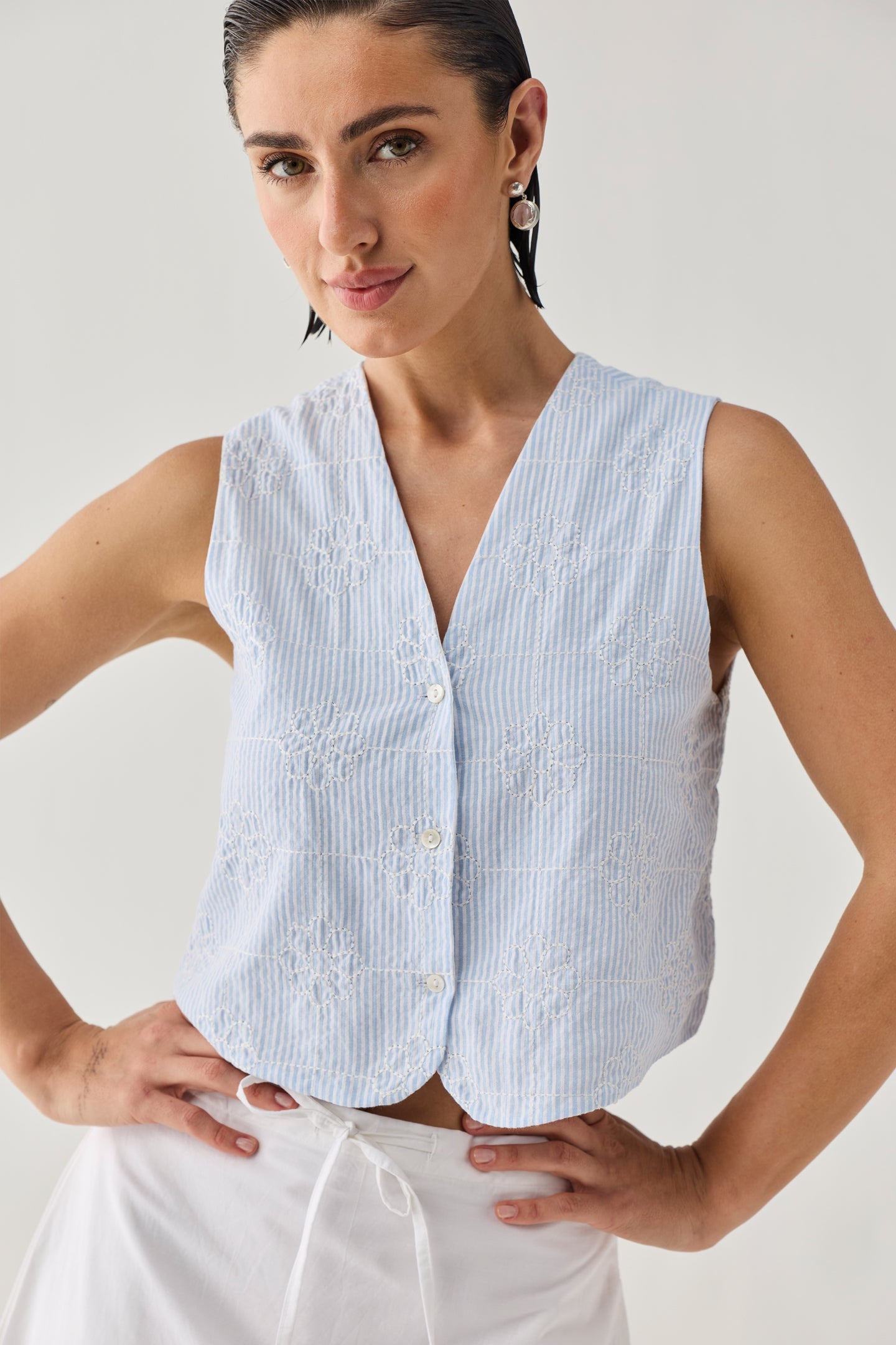 Embroidered Sleeveless Vest Top in Blue Stripe