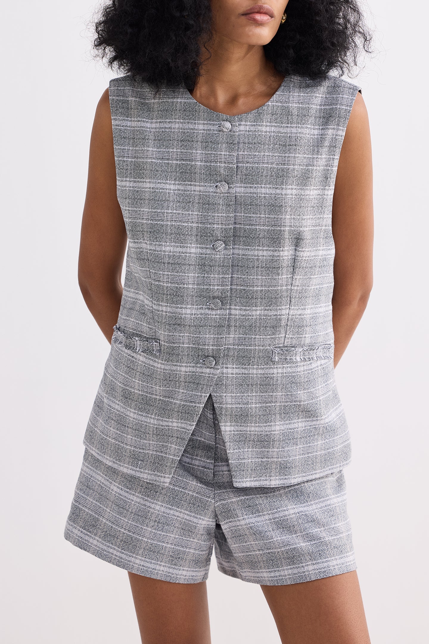 Cotton Tweed Vest Jacket Set in Grey Closeup