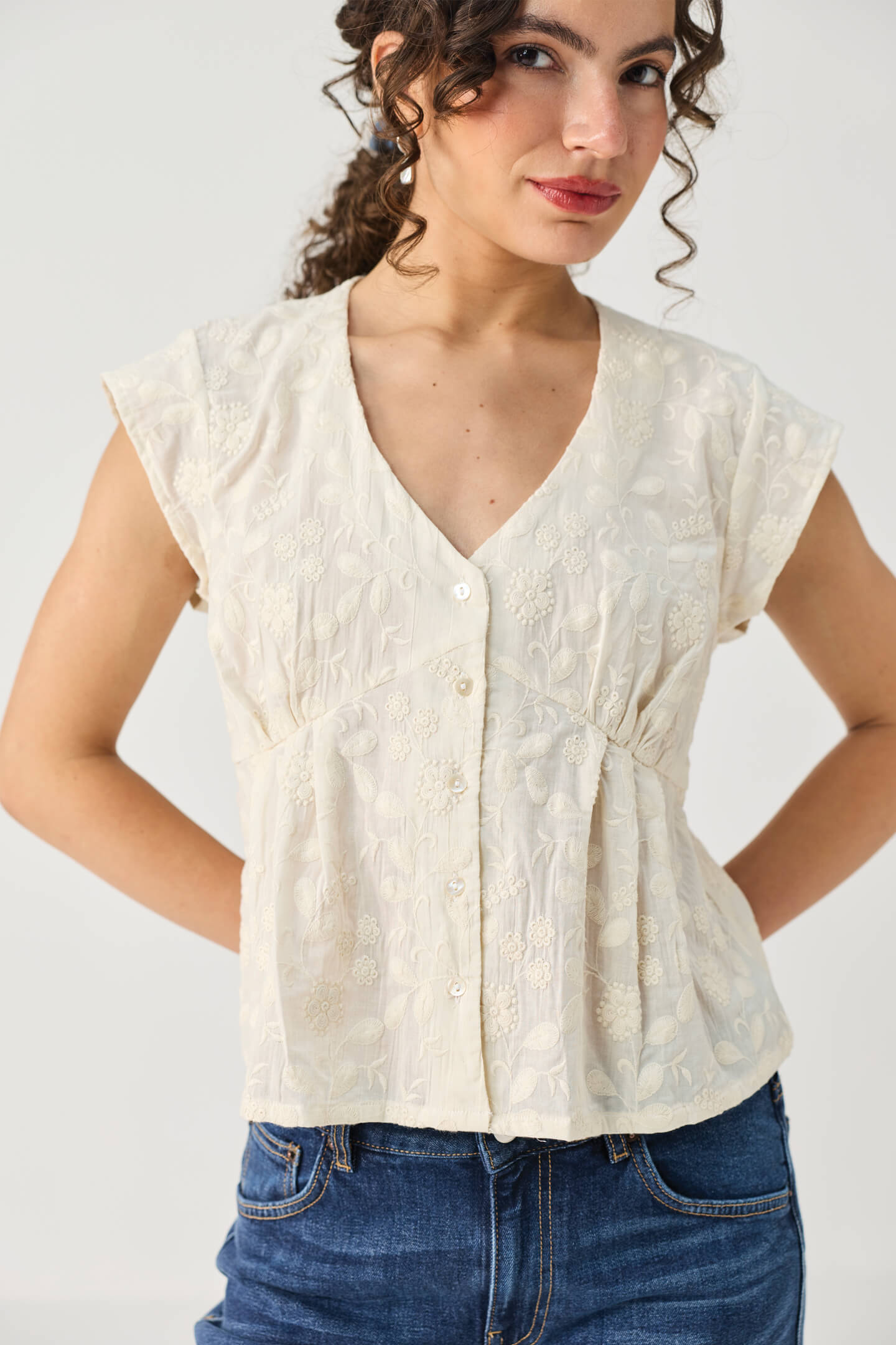 Embroidered Deep V Neck Top in Cream