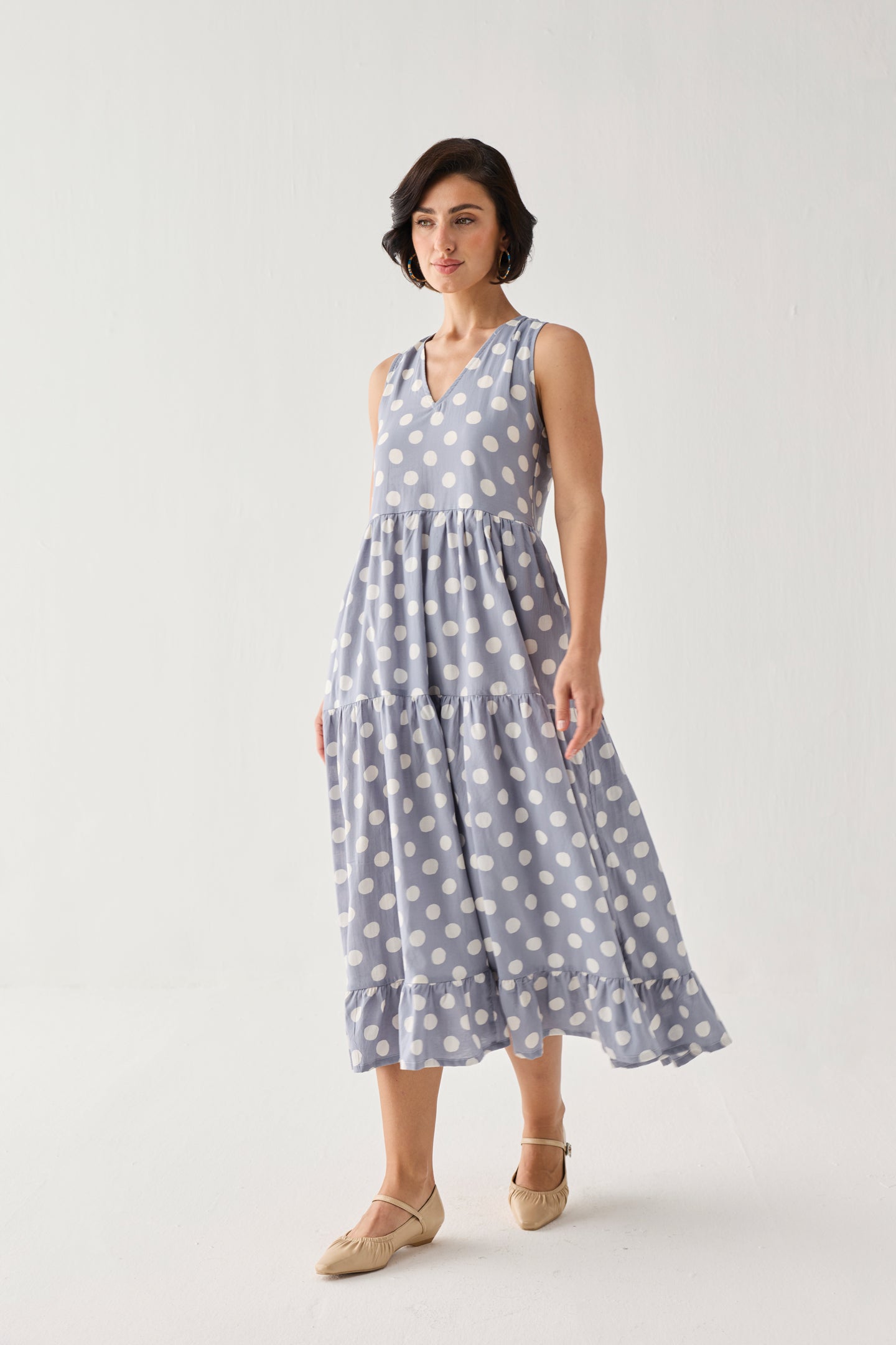 Tiered Midi Dress in Blue Polka