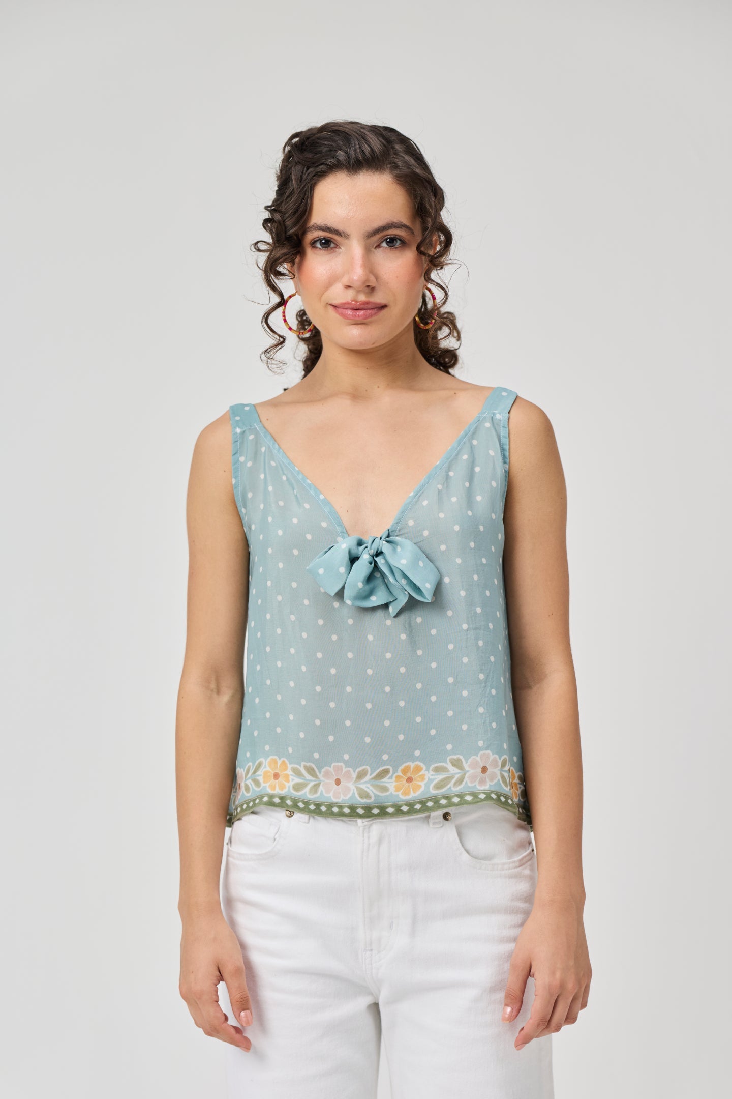 Deep V-Neck Polka Dot Top with Bow Detail