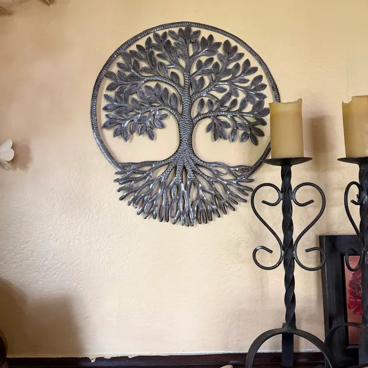 Haitian Metal Tree of Life Wall Art 14x15 Hand Chiseled 