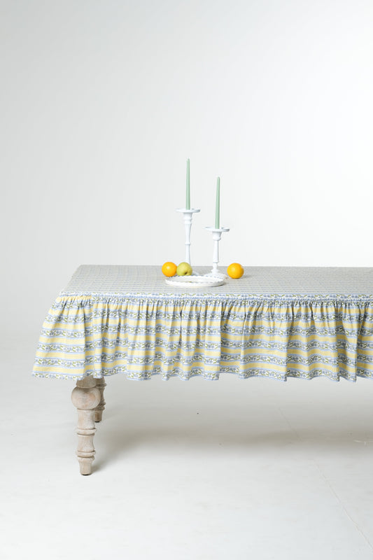 Provence Ruffled Blockprint Tablecloth in Butter Yellow