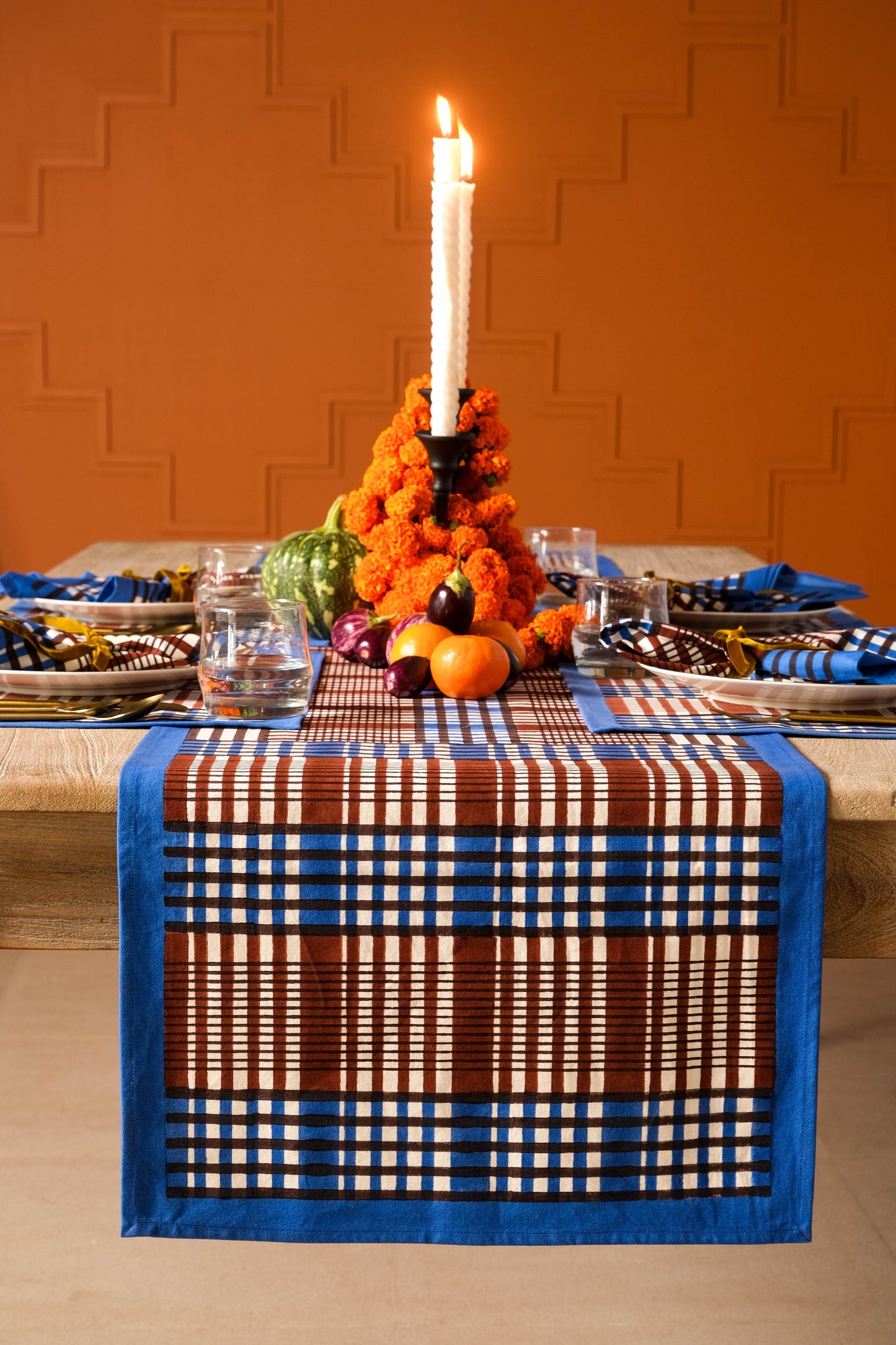 Shetland Plaid Blockprint Tablerunner in Brown and Blue