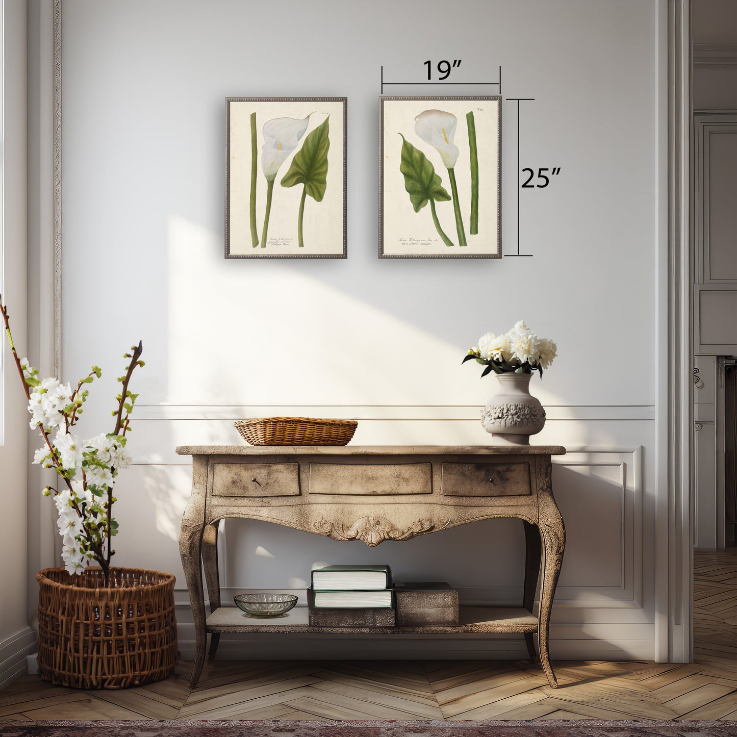 White Flower, Leaf, and Stem in Silver-Beaded Frame