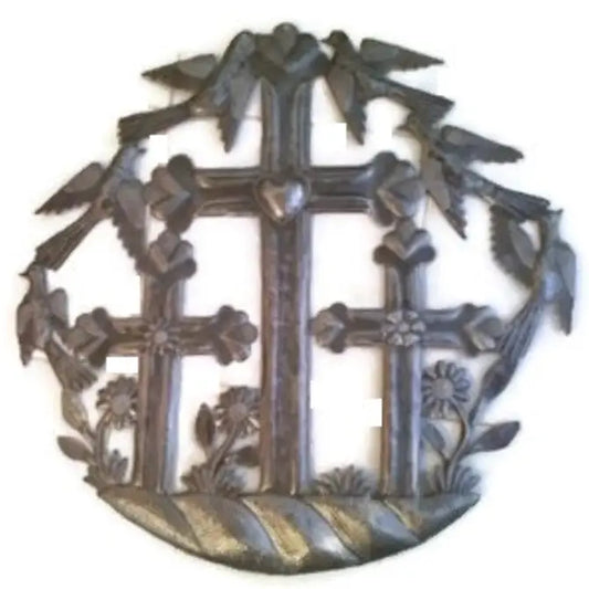 Three Crosses on Calvary's Hill Cross, Haitian Metal Art 23"