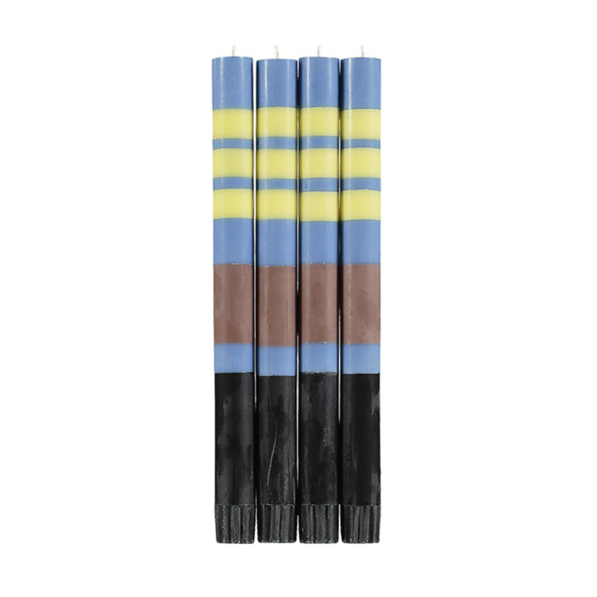 S/4 Striped Rose Beige, Saxe Blue, Jet Black & Primrose Yellow Dinner Candles