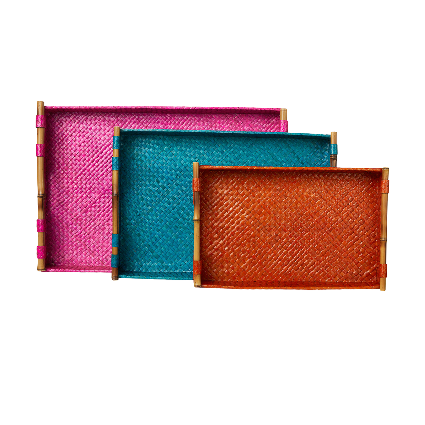 Multi Color Woven Decorative Trays with Bamboo Handles - Set of 3