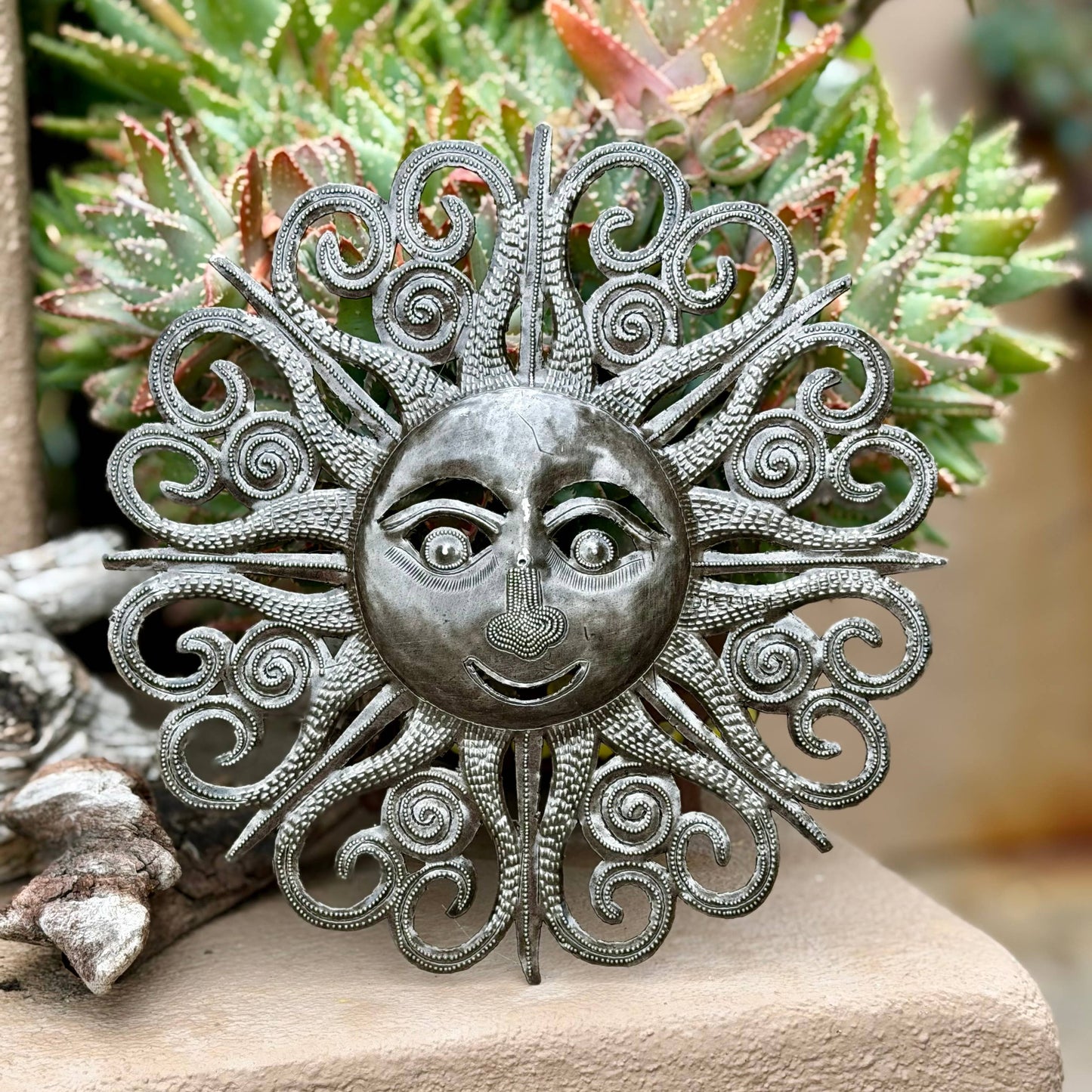 Haitian Metal Sun Face Wall Art 10x10 Hand Chiseled Recycled