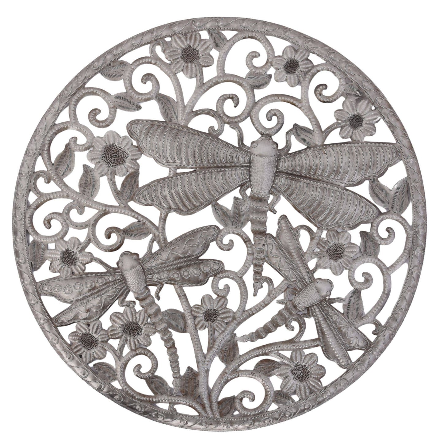 Haitian Metal Dragonfly Wall Art Round Floral Design 23"