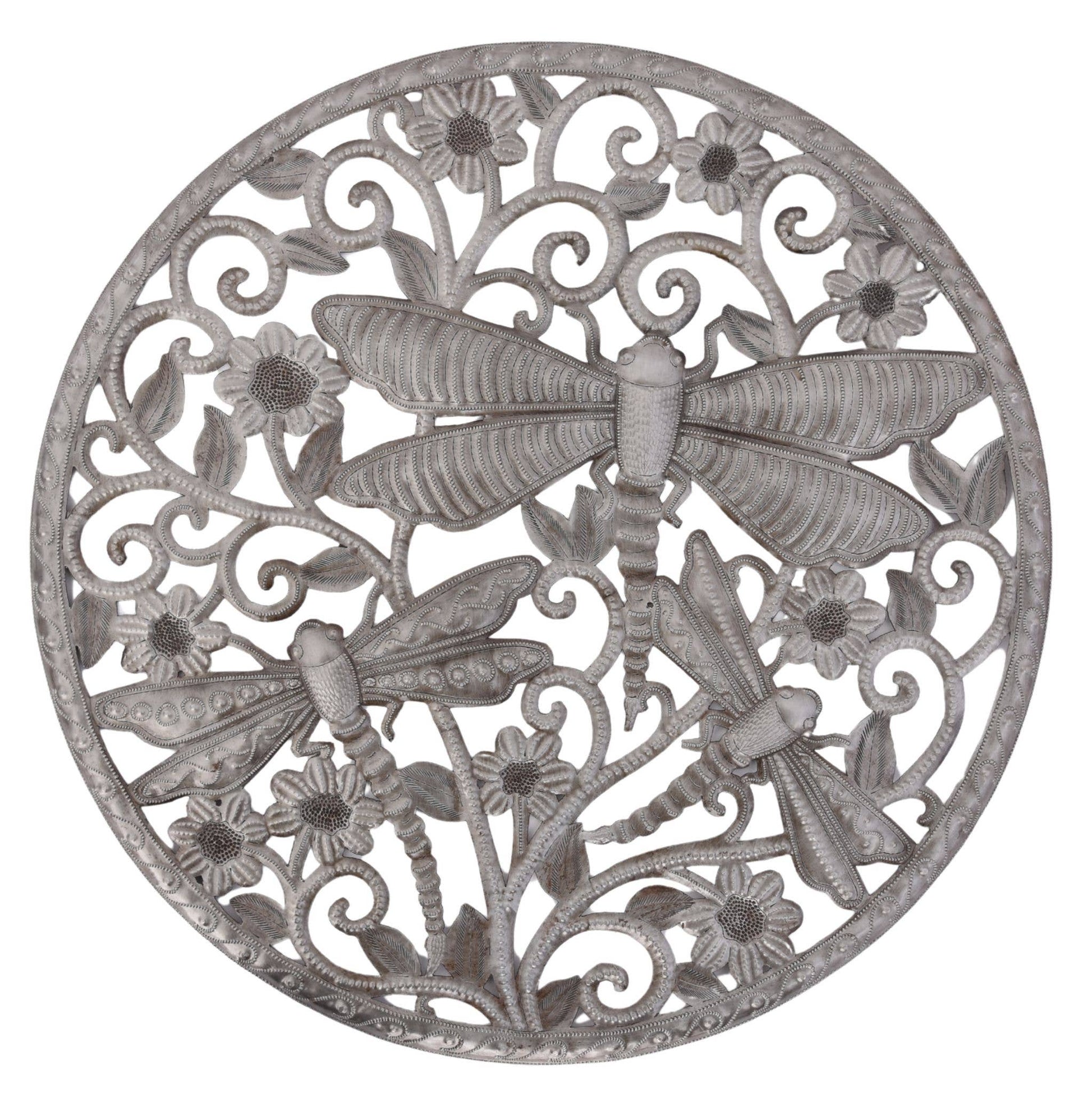 Haitian Metal Dragonfly Wall Art Round Floral Design 23"