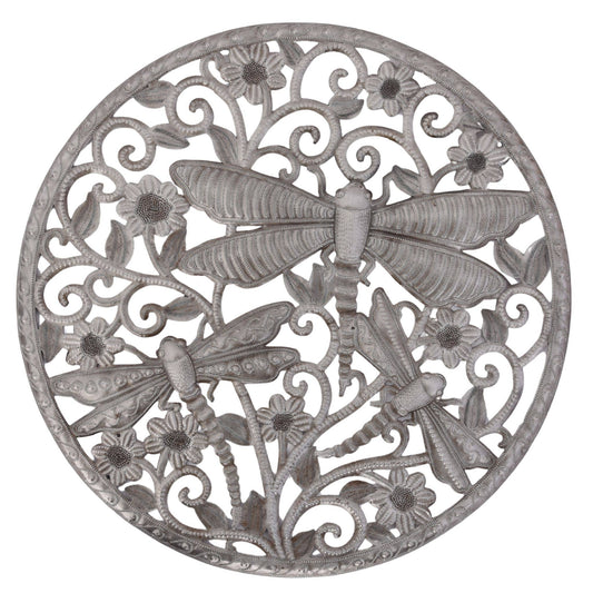 Haitian Metal Dragonfly Wall Art Round Floral Design 23"