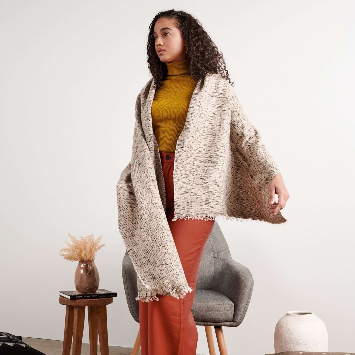 Forest Night Handwoven Neutral Cashmere Merino Scarf