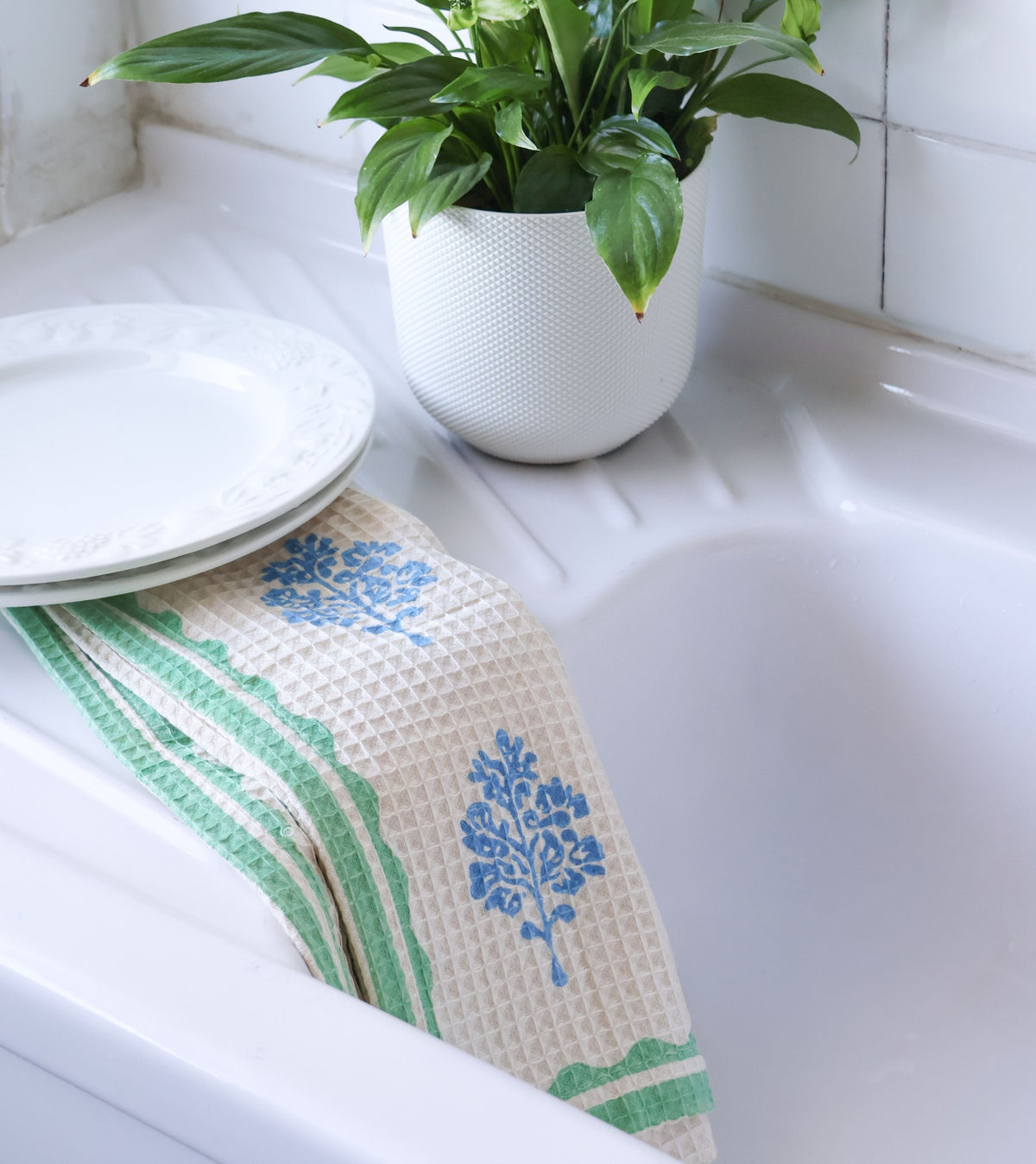Sara - Cotton Waffle Kitchen Towel - Pastel Green & Blue