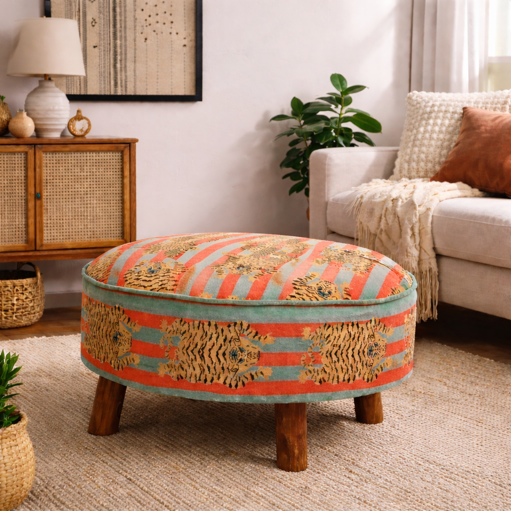 Velvet Safari Ottoman | 24x24x15"| Cotton Fabric