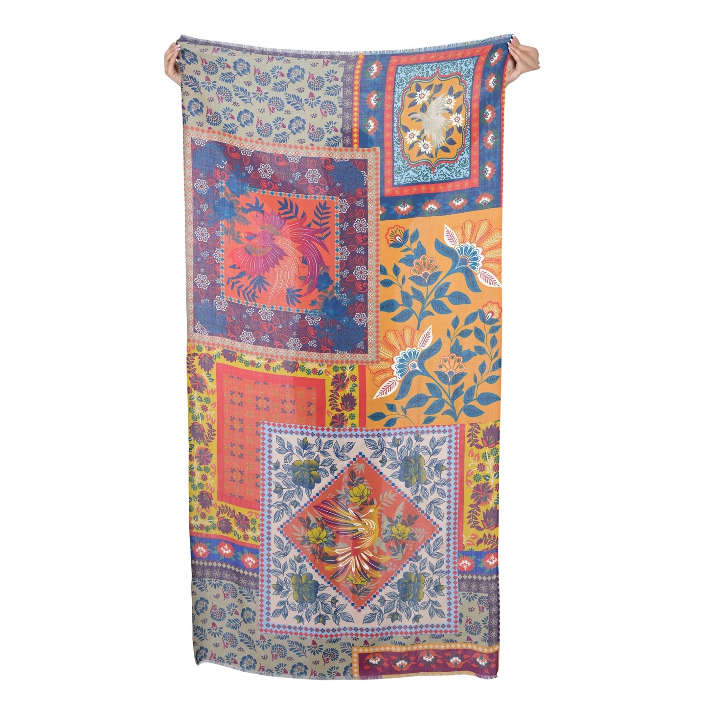 Songbird Rectangle Wool Scarf - Orange Green