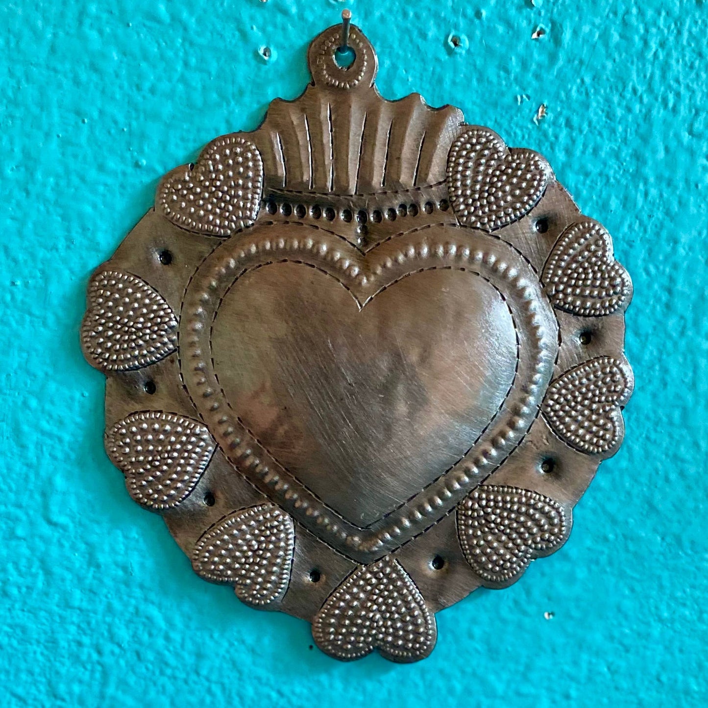 Sacred Heart, Wall Decor, Handmade Metal Haiti 4.5" x 5.25"