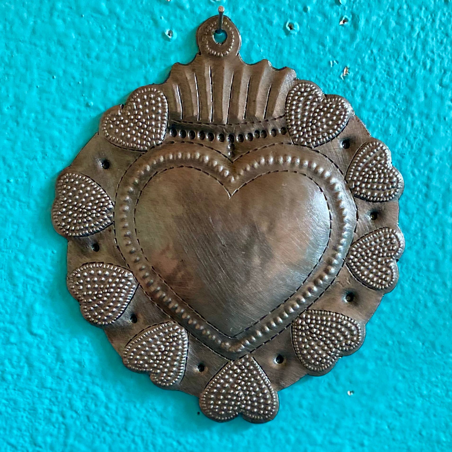 Sacred Heart, Wall Decor, Handmade Metal Haiti 4.5" x 5.25"