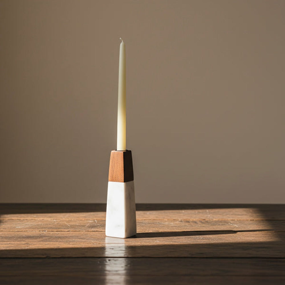 Tapered Marble & Acacia Candleholder