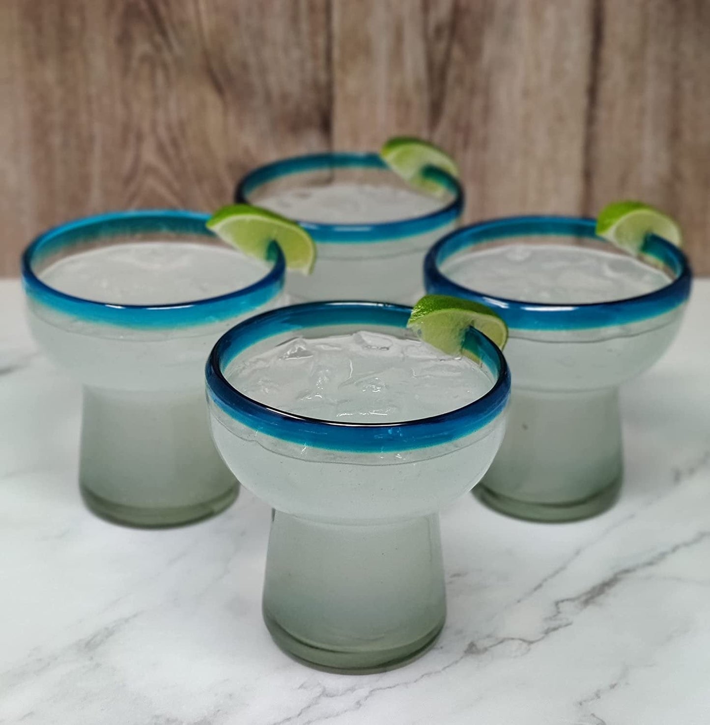 S/4 Stemless Aqua Rim Margarita Glasses