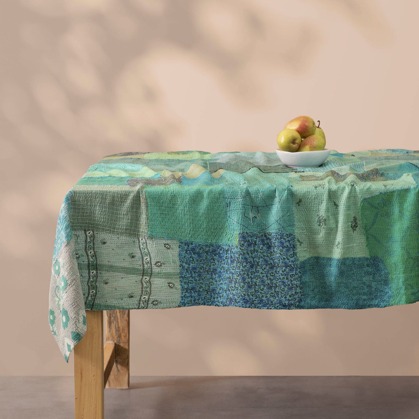 Printed Fray Patch  Vintage Cotton Kantha Table Cover - Sage