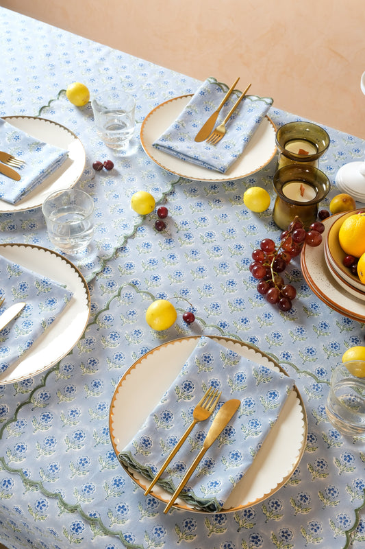 Mona Scallop Embroidered Blockprint Placemat in Blue