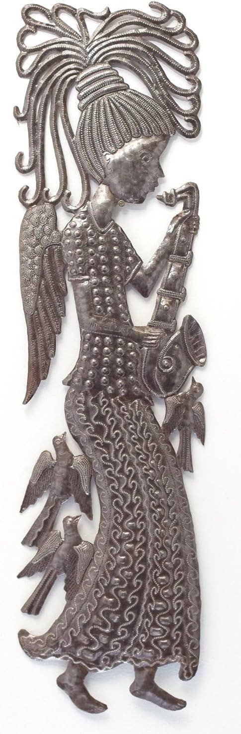 Angel Playing Sax to the Birds Haitian Metal Wall Art