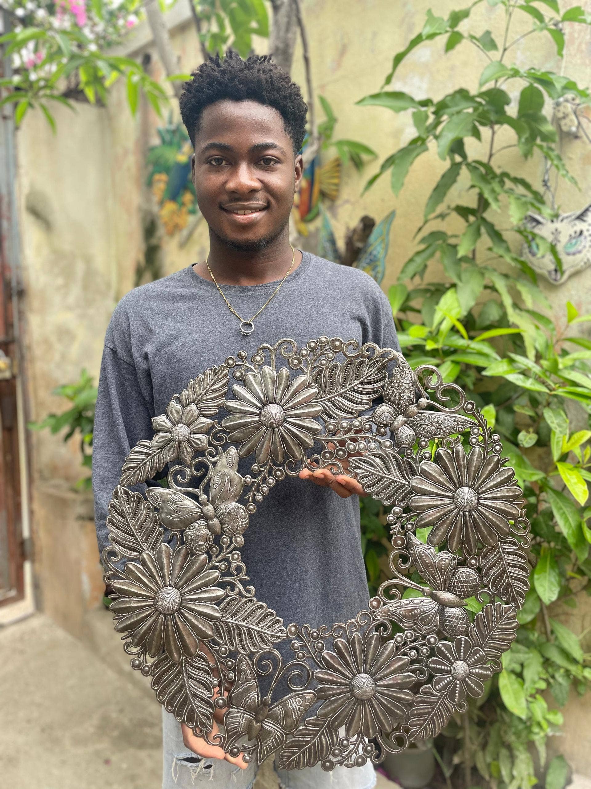 Haitian Metal Art, Flower and Butterfly Wreath 23"