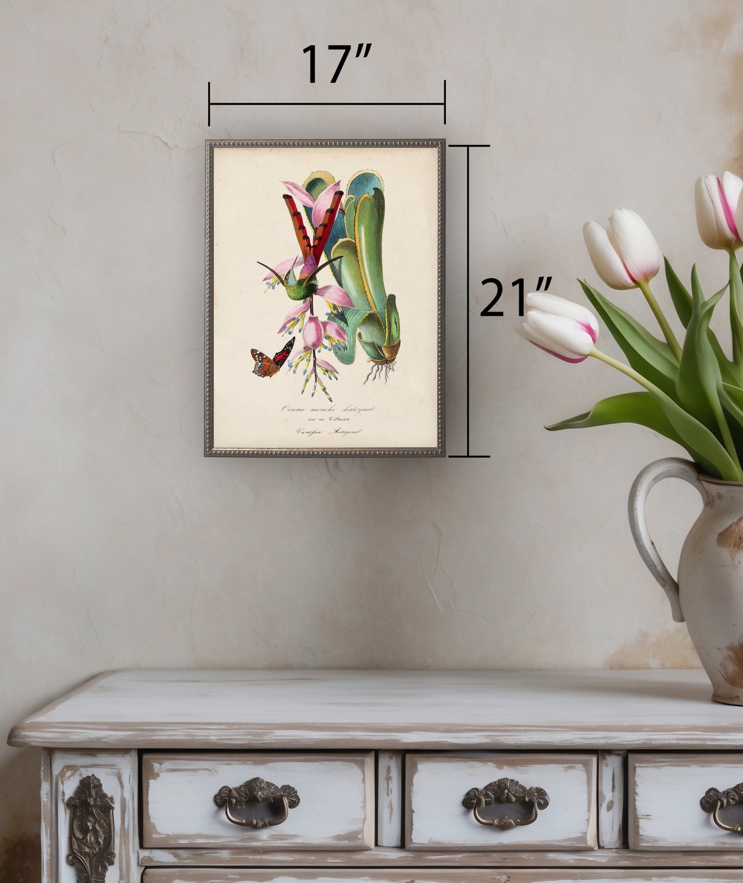 Hummingbird and Flower Print in Beaded Pewter Frame
