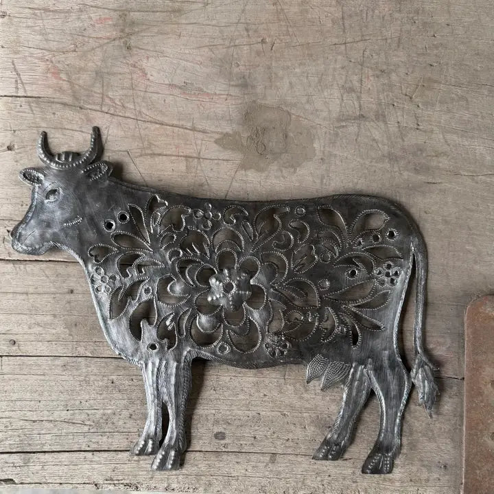 Haitian Metal Cow Wall Art 17x13 Hand Chiseled Recycled 