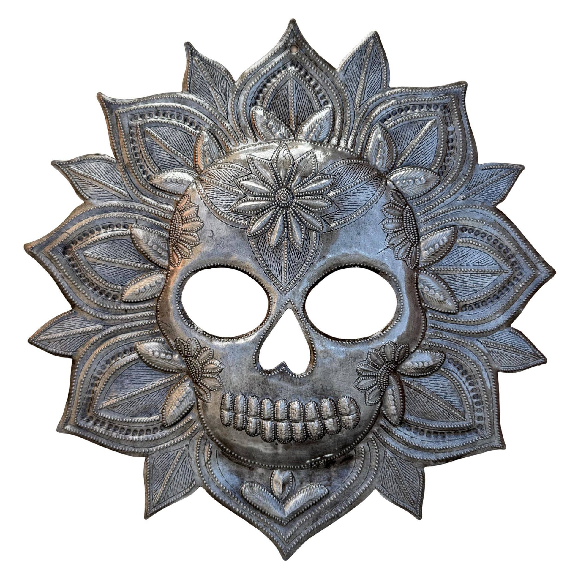 Haitian Metal Skull Wall Art w/ Petals – Recycled Steel