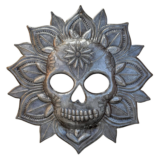 Haitian Metal Skull Wall Art w/ Petals – Recycled Steel