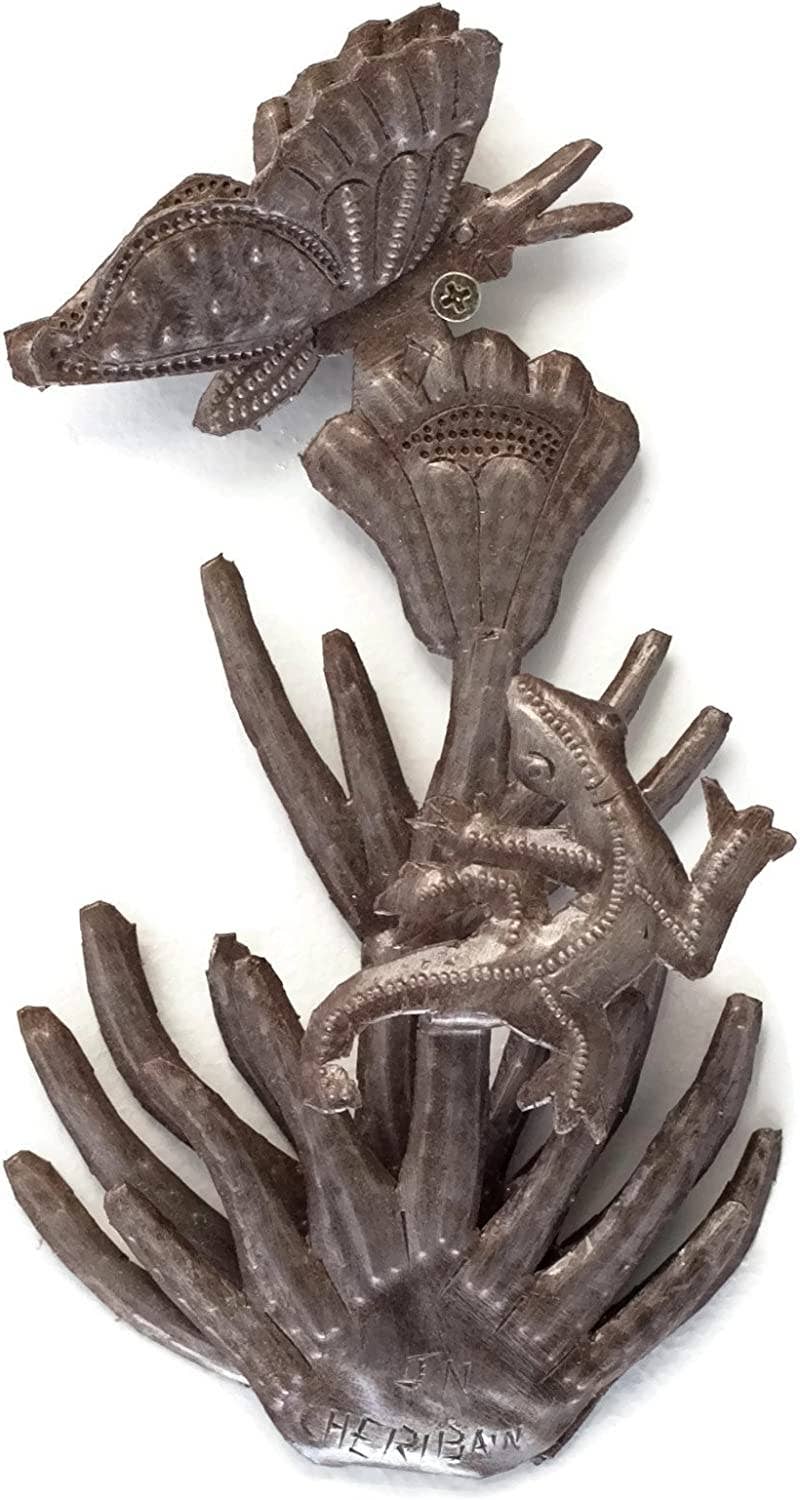 Butterfly and Gecko, Haitian Metal Wall Art 6" x 10"