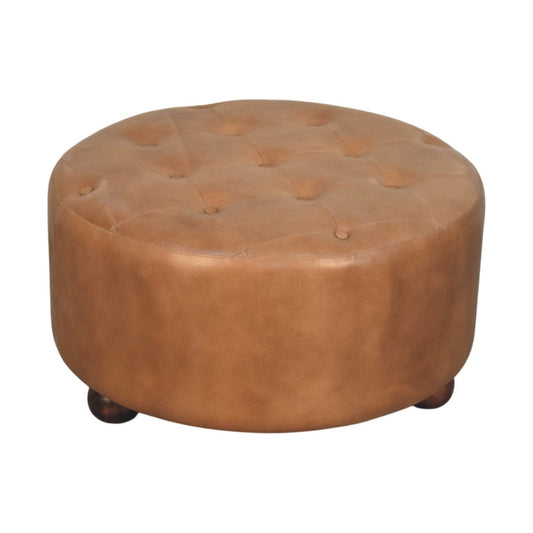 Brown Buffalo Hide Leather Upholstered Round Ottoman