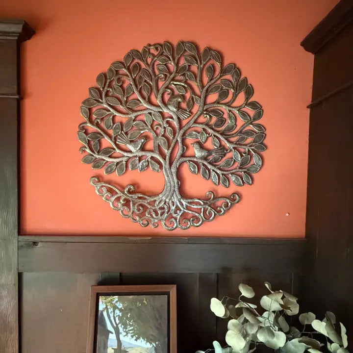 Haitian Metal Tree of Life Wall Art 23x23 Hand Chiseled 