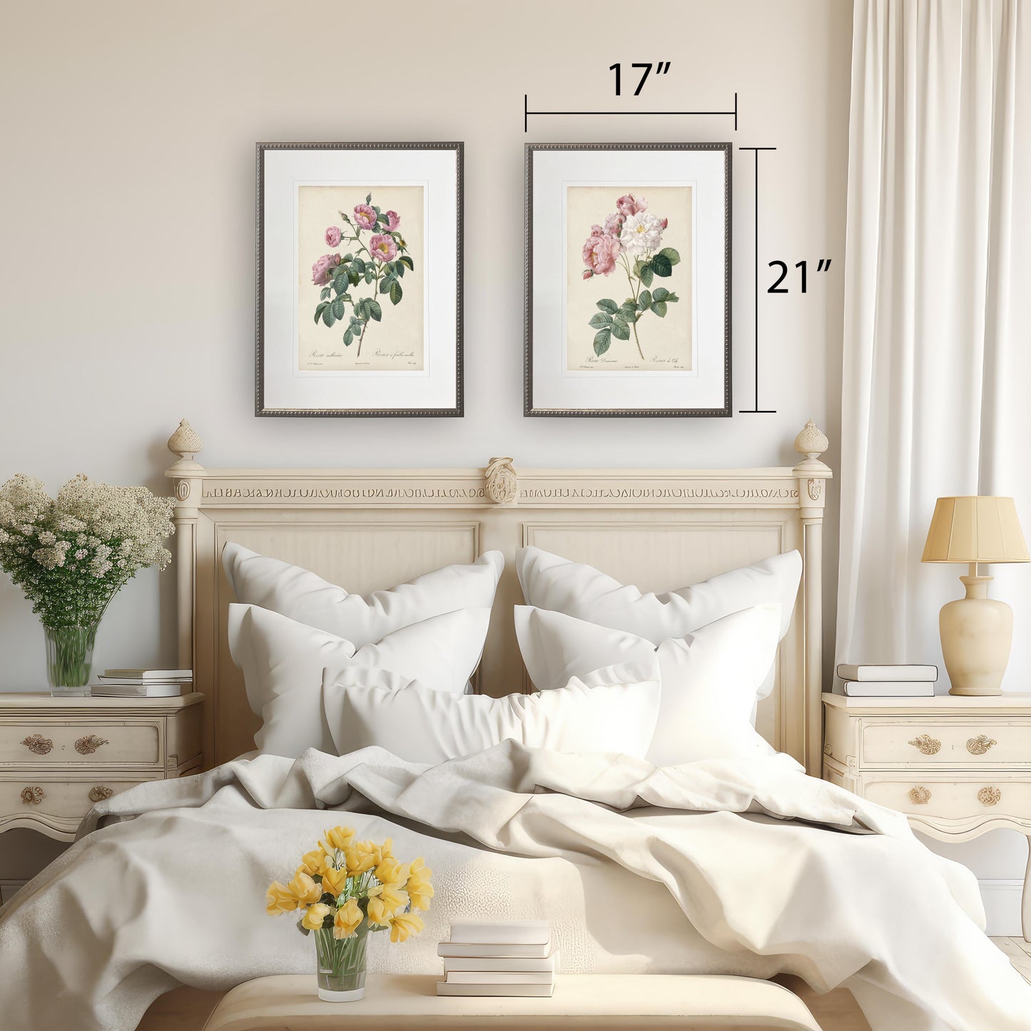 Vintage Rose Print in Beaded Pewter Frame